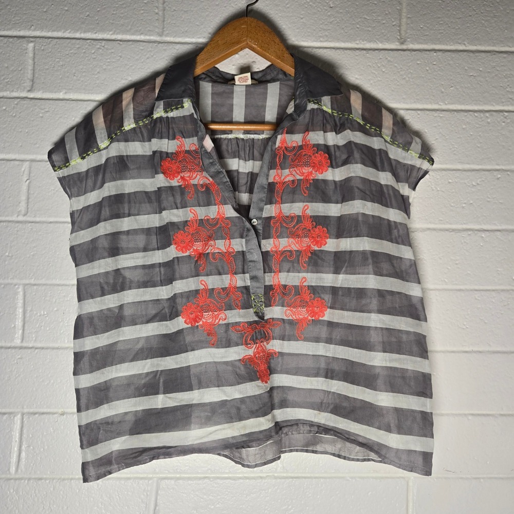 Sundance Striped Embroidered Cotton Blouse Medium Coral Boho Top Sheer Resort